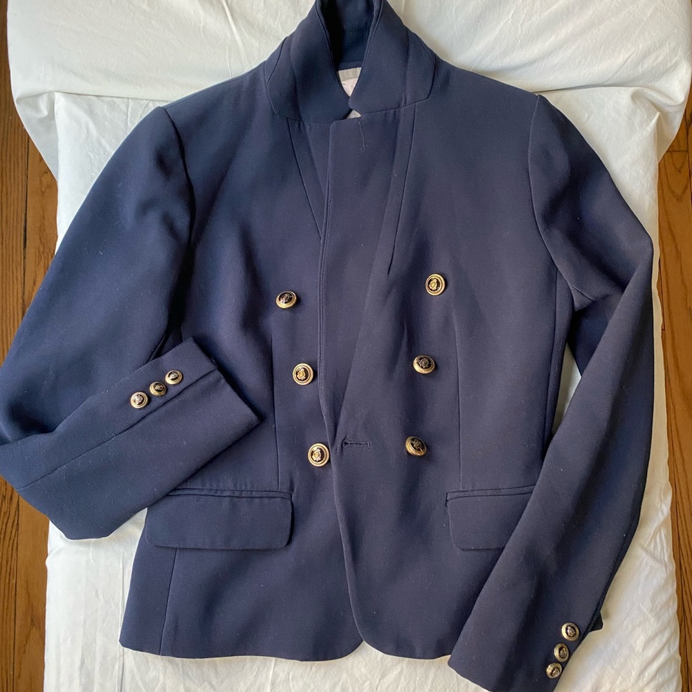 Women’s Navy double-breasted blazer.